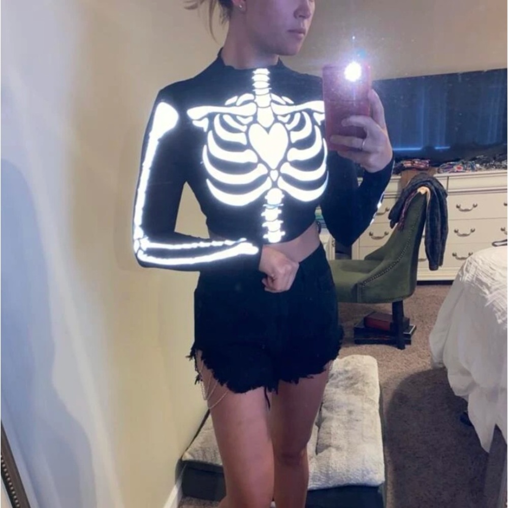 Reflective Skeleton Bones Heart Black Sheer Mesh Long Sleeve Cropped Shirt Top - Picture 7 of 12